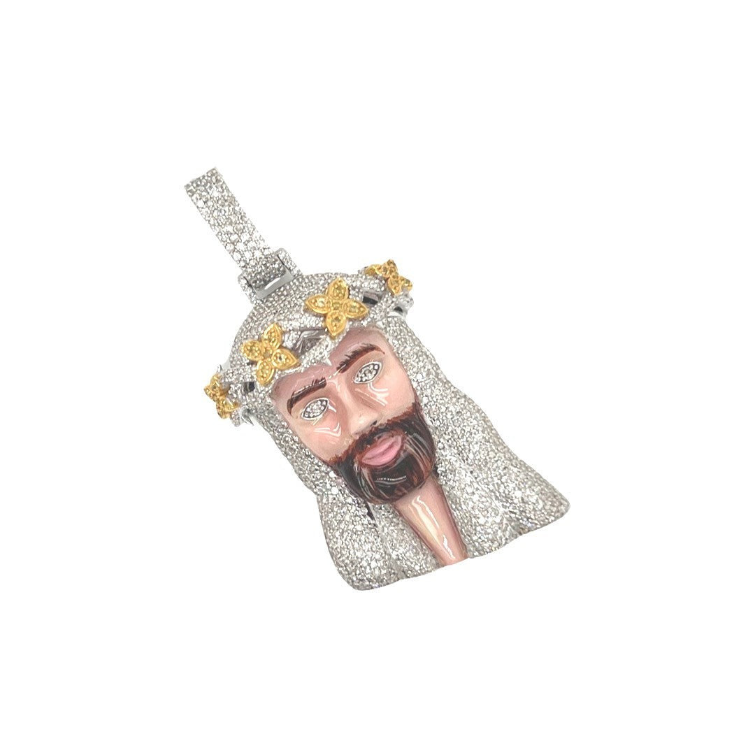 10K White Gold Enamel Crown Jesus Head Diamond Pendant 2.64 CT 2"