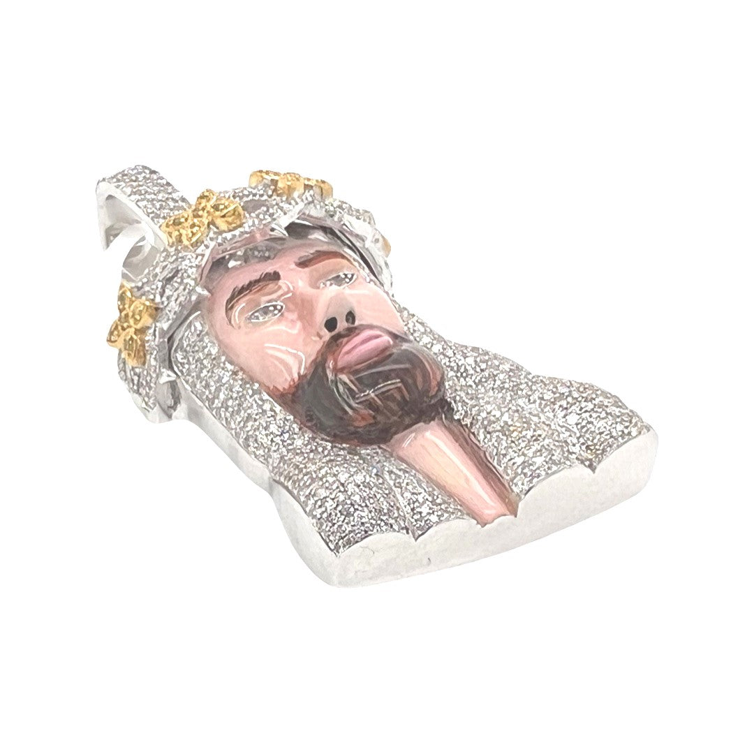 10K White Gold Enamel Crown Jesus Head Diamond Pendant 2.64 CT 2"