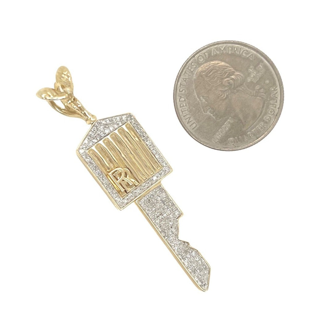 10K Yellow Gold Rolls Royce Car Key Diamond Pendant 0.67 CT 2.2"