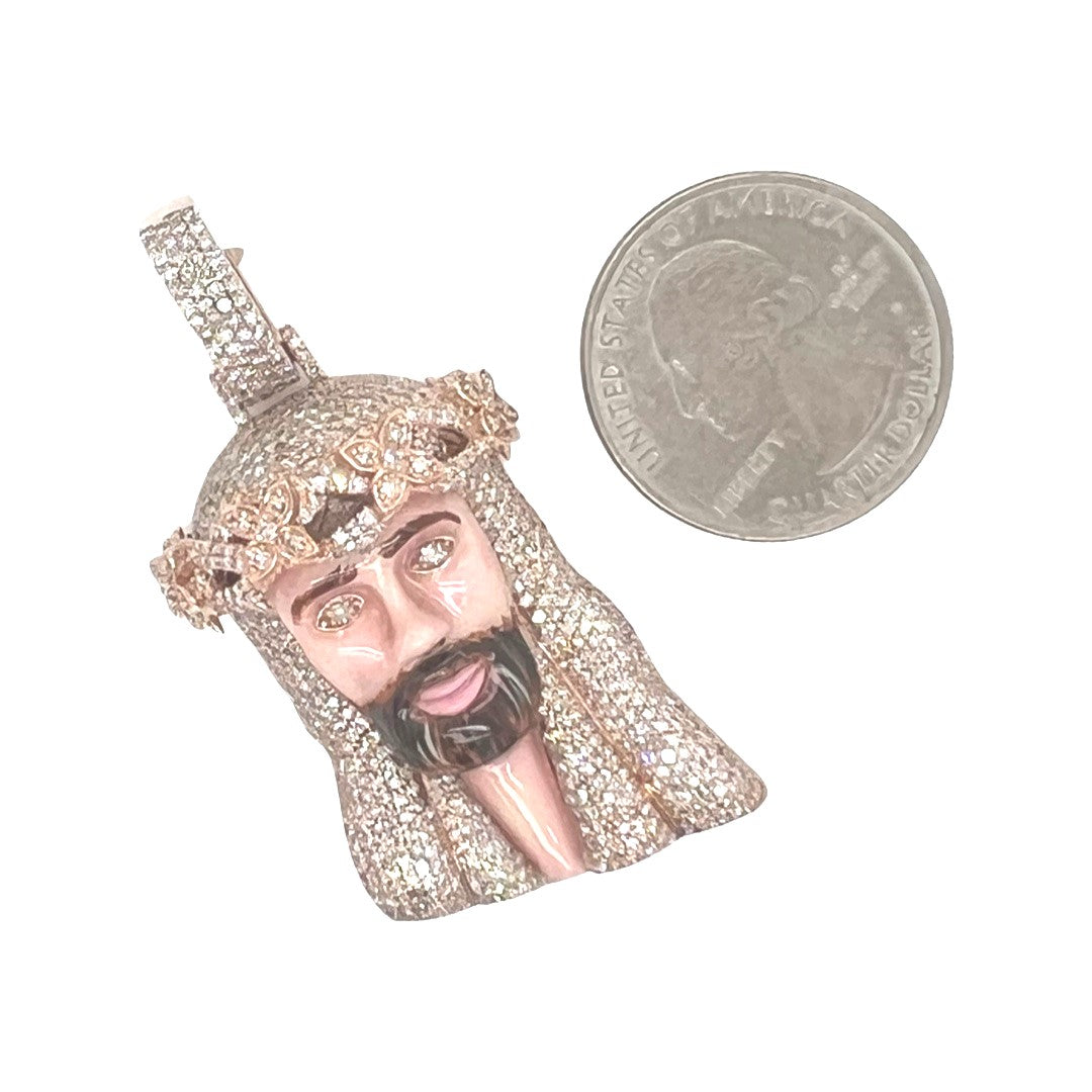 10K Rose Gold Enamel Crown Jesus Head Diamond Pendant 2.87 CT 2"