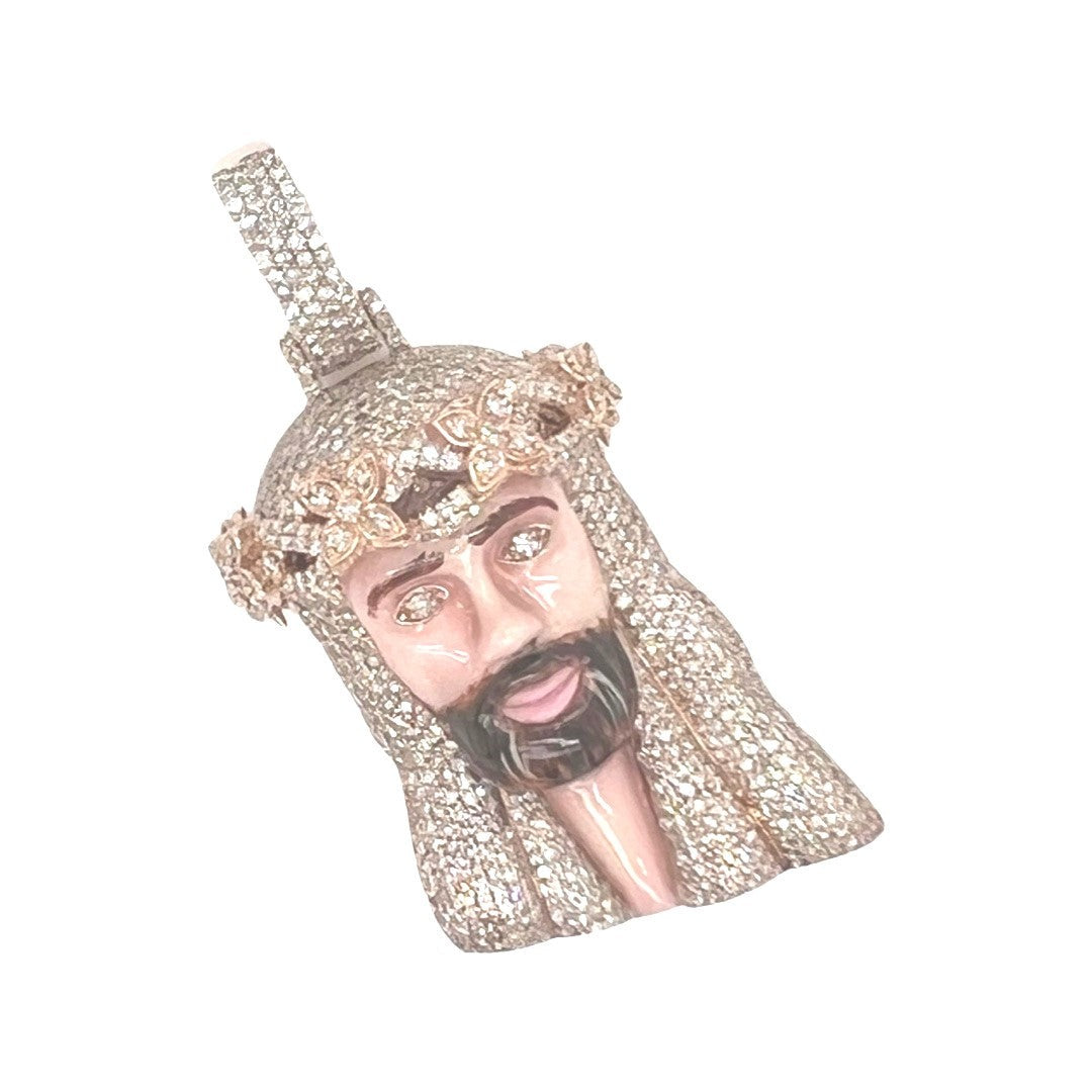 10K Rose Gold Enamel Crown Jesus Head Diamond Pendant 2.87 CT 2"