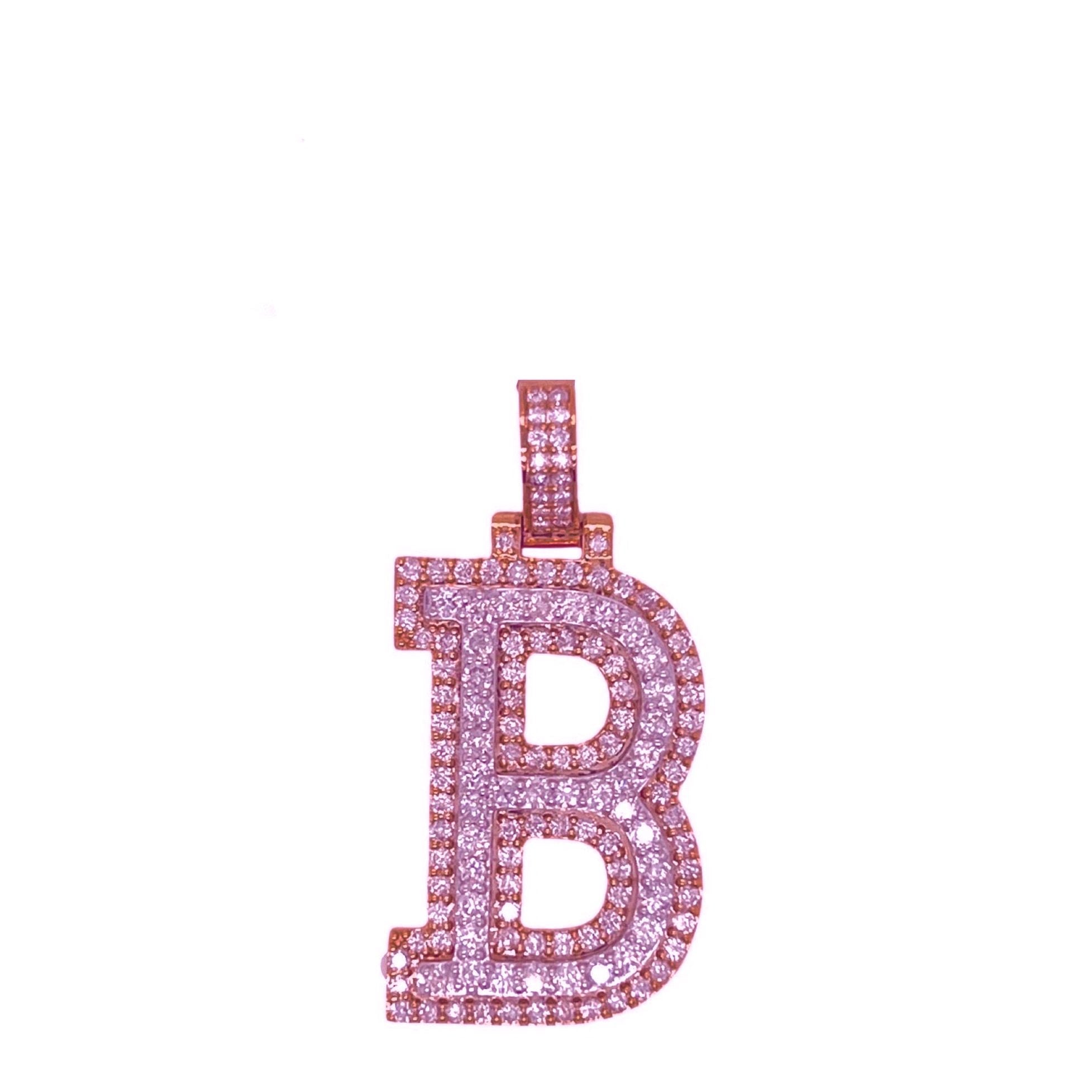 10K Rose White Gold 3D Letter B Initial Diamond Pendant 1.82 CT 1.5"