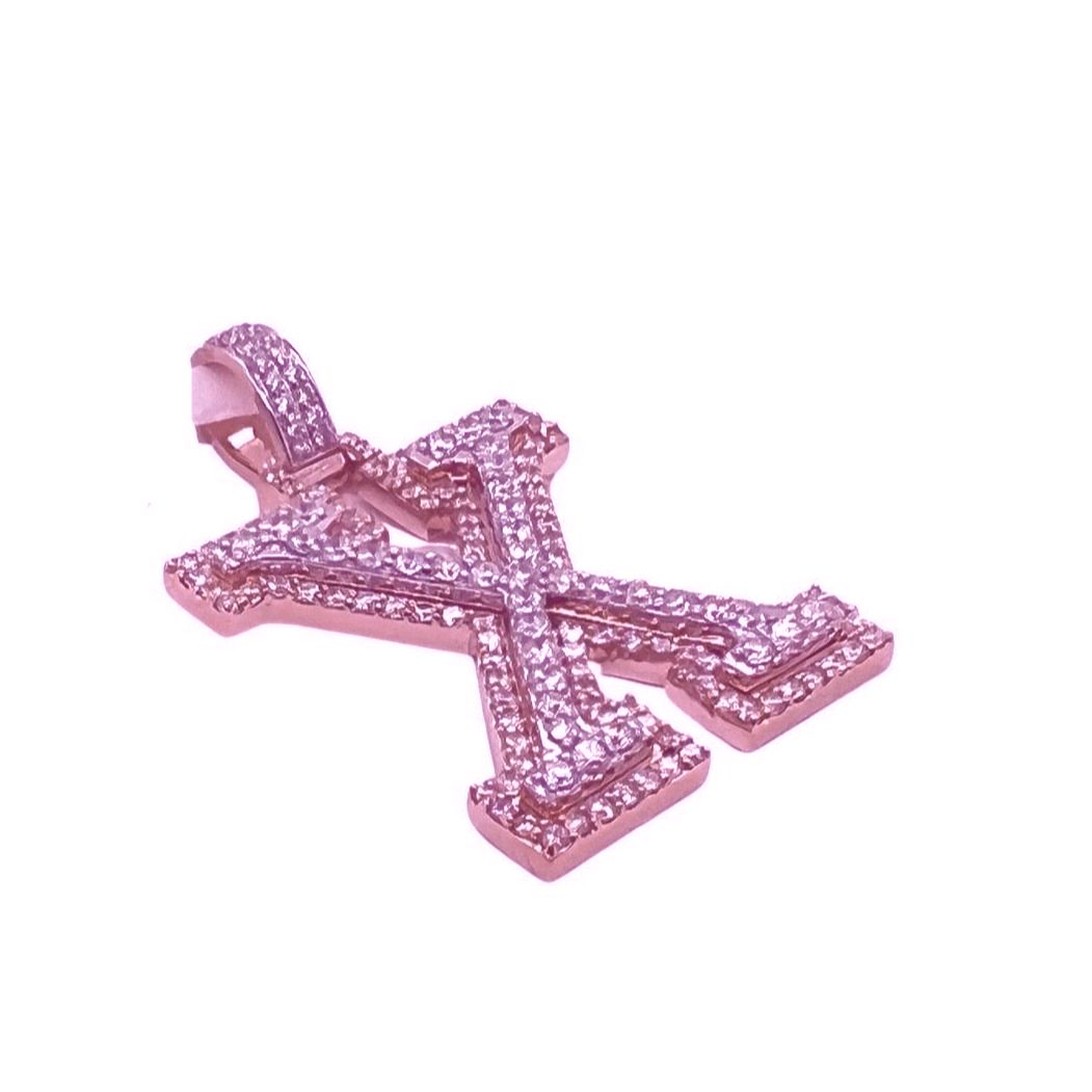 10K Rose White Gold 3D Letter X Initial Diamond Pendant 1.62 CT 1.5"