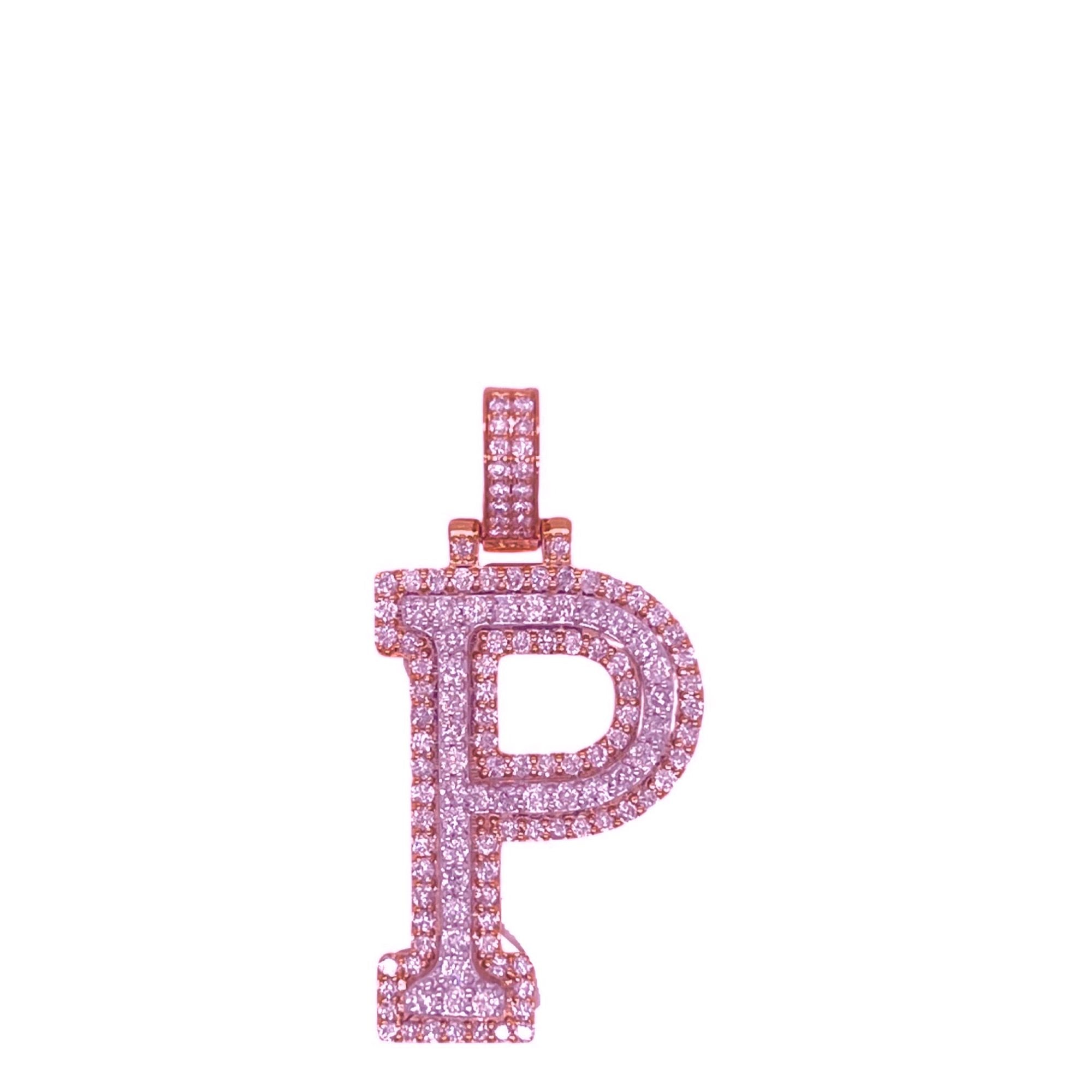 10K Rose White Gold 3D Letter P Initial Diamond Pendant 1.29 CT 1.5"